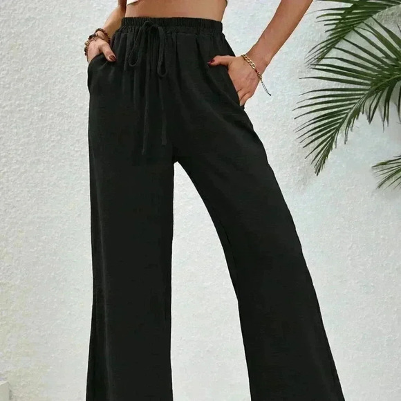Black Casual Women's Drawstring Waist Wide Leg Pants - Picture 6 of 6